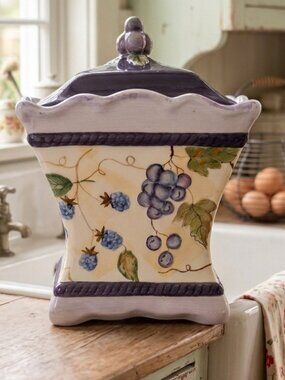 Capriware Large Ceramic Canister Purple Cream Grapes Berries Hand Painted